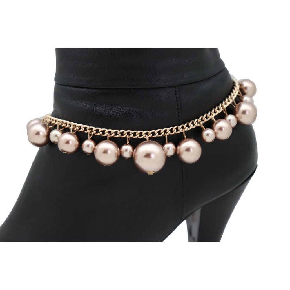 Women Gold Metal Chain Boot Bracelet Anklet Shoe Bronze Pearl Bead Charm Jewelry